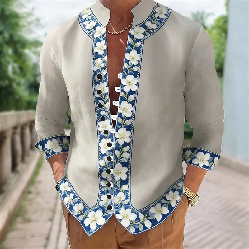 New men's long sleeved shirt with Harajuku style 3D sunset printed long sleeved color block pattern top shirt