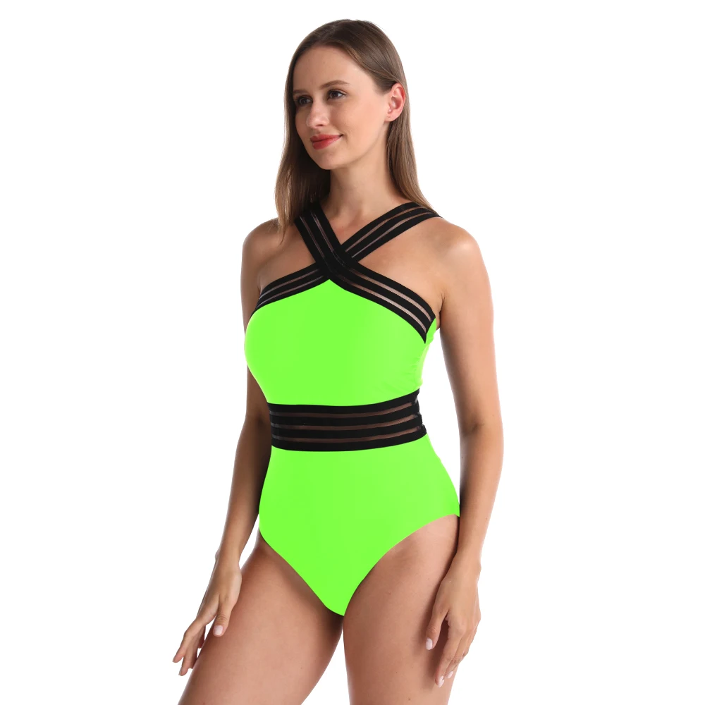 2022 One Piece Swimsuit Sexy Mesh Patchwork Wireless Backless Swimwear Women Sport Pool Beachwear Bathing Suit Plus Size XXL