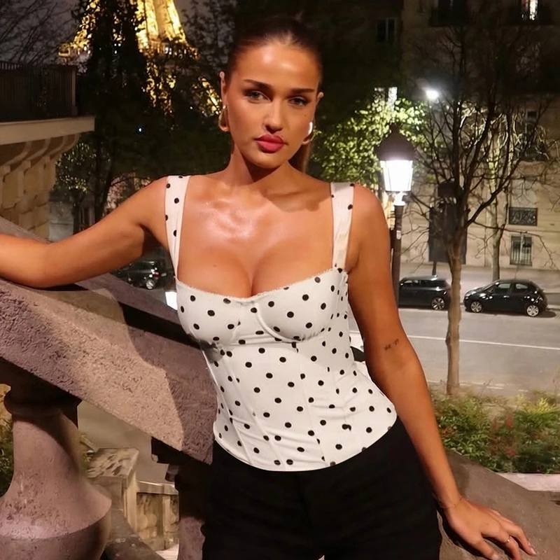 Hugcitar Polka Dot Print Straps Square Collar Backless Ruched Sexy Crop Tank Top Sommer Damen Elegant Y2K Outfit Party Urlaub – Detail 11