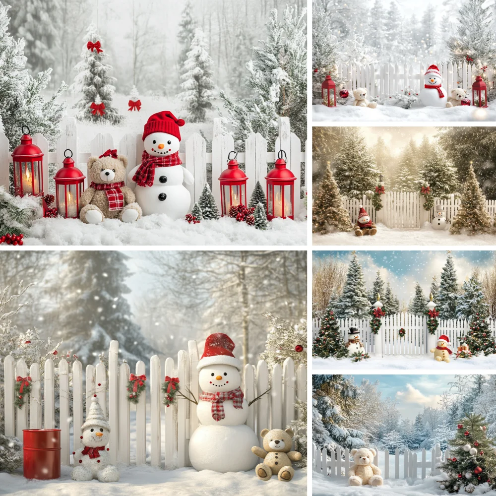 

Winter Christmas Tree Snowman Theme Background Photography Snow Gift Baby Party Wooden Fence Prop Studio Banner