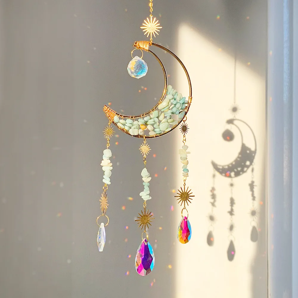 Custom Amazonite Chip Stone Crescent Moon Sun Catcher - Glass Pendants Hanging Ornament for Window Decor