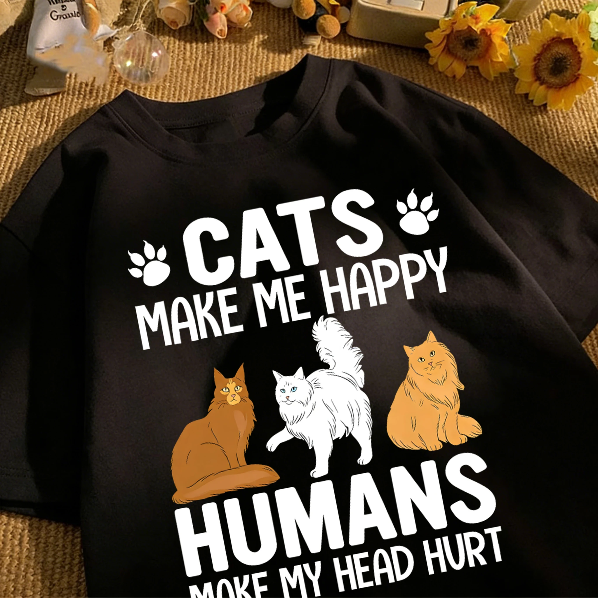 Cat Make Me Happy Druck-T-Shirt für Herren, modisch, lässig, lockerer O-Ausschnitt, kurze Ärmel, Baumwolle, Streetwear, Unisex, Sommerkleidung