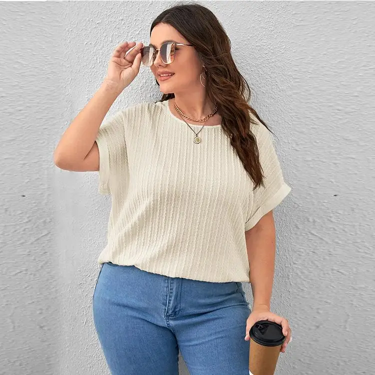 تيشيرت نسائي قصير الأكمام بتصميم عمودي، مقاس كبير، قصة عادية، من ألياف البوليستر، مناسب للأنشطة الخارجية والأعمال، برقبة مستد...