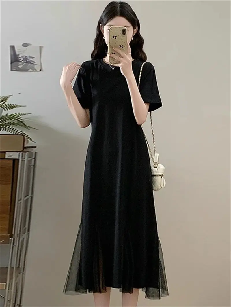 Simple 2025 New Summer Women's French Slim Dress Mesh Panel Mermaid Hem T-Shirt Dress Breathable Casual G639