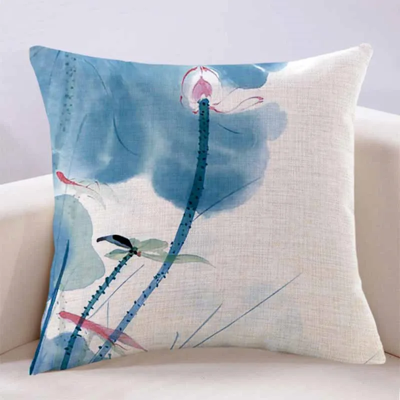 

New Chinese Ink Painting Lotus Cotton and Tempura Pillow Linen Chinese Style Mahogany Sofa Cushion Bed Living Room