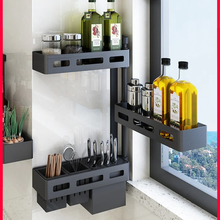 

Space-Saving Corner Kitchen Rack-Punch-Free Wall Hanging Aluminum Rotating Seasoning Shelf with Knife Rack