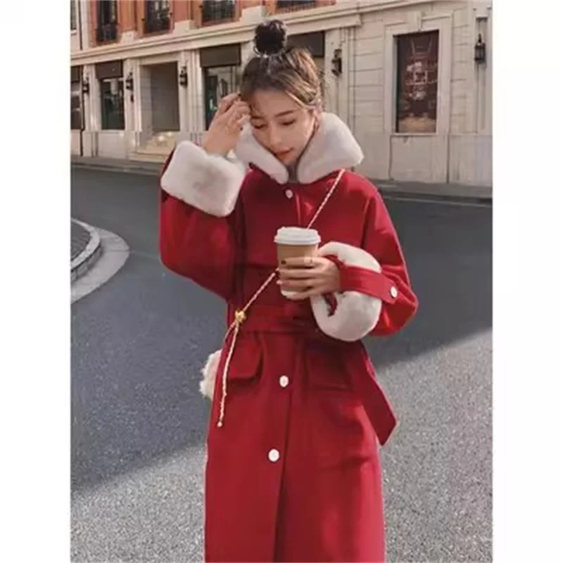 Add Velvet Padded Red Woolen Jacket Women's Winter 2027 New Casual Warm Long Sleeved Mid Length Parker Cotton-padded Jacket Coat