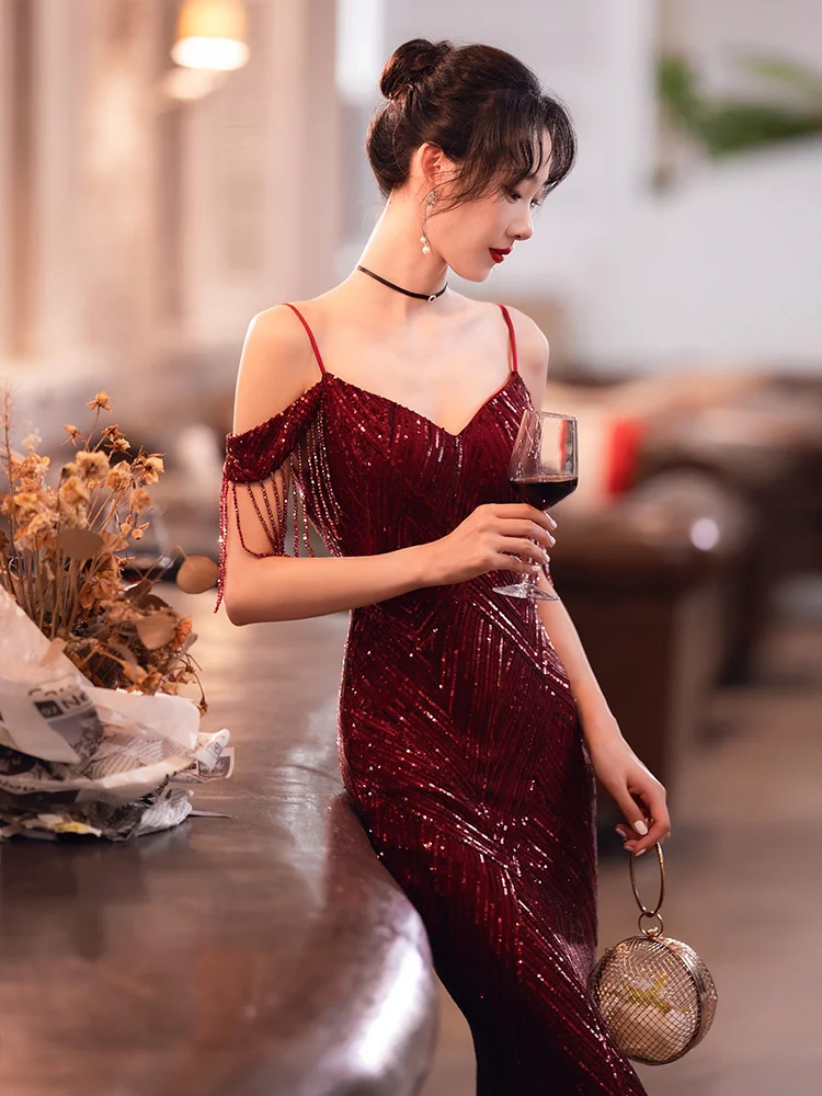 

Red Evening Dresses for Women 2023 New High End Luxury Small Group Temperament Celebrity High Sense Sexy Strap Fishtail Skirt