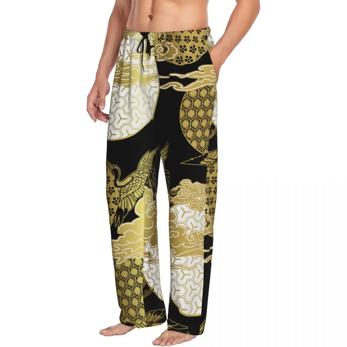 Japanese Black And Gold Crane Sky Cloud Men Sleep Bottoms Male Lounge Trousers Men's Pajama Pants