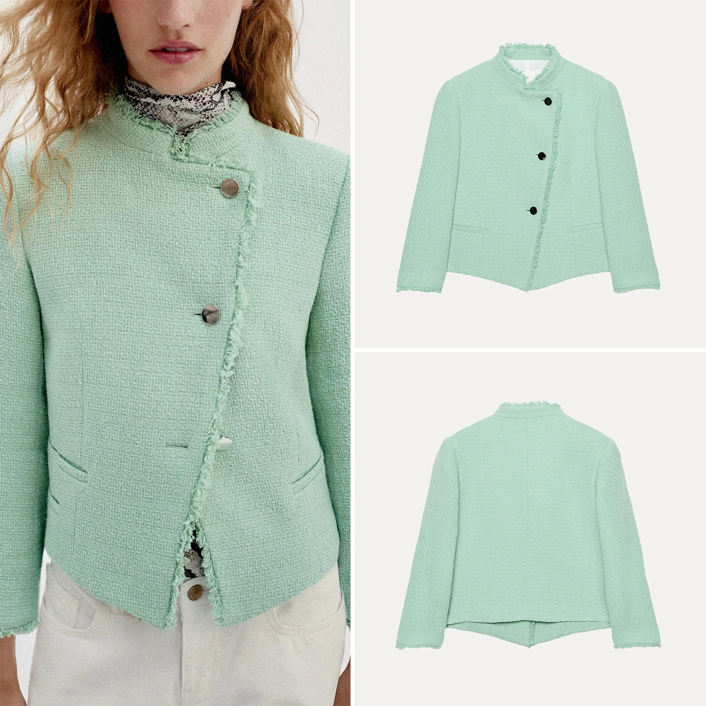 Fashionable Long Sleeve Stand Collar Women's Suit Jacket Autumn 2026 Frayed Construction Standard Fit ZADATA Ladies Coat