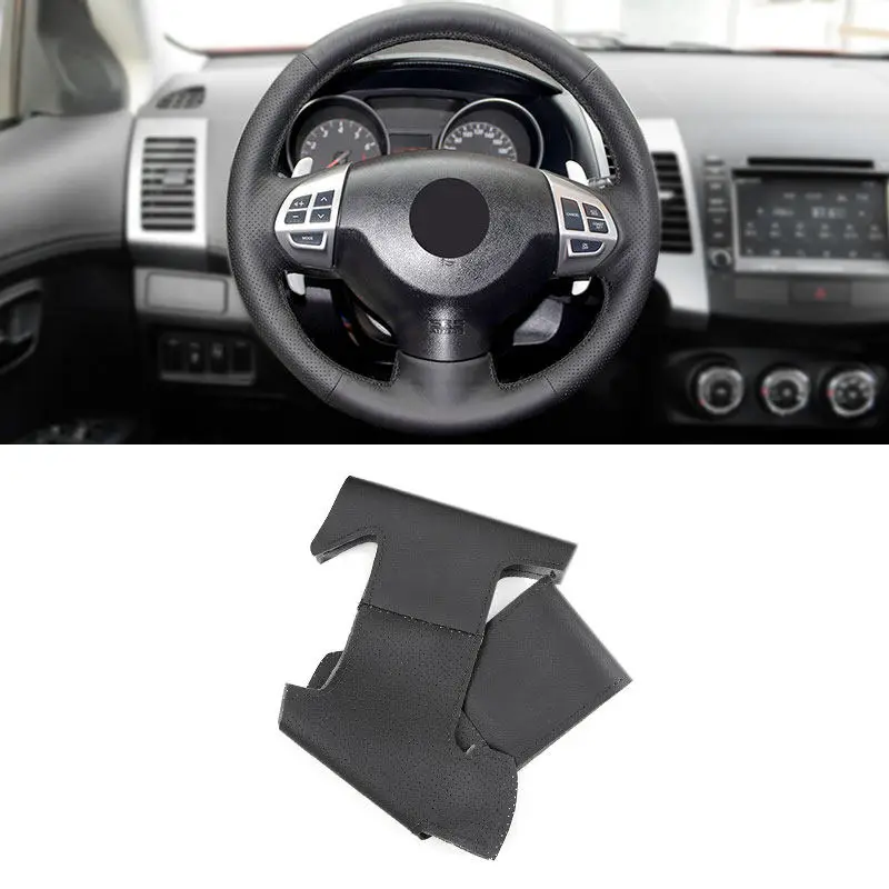 Black Perforated Leather Car Steering Wheel Cover Trim For Mitsubishi Lancer X 10 2007-2015 Outlander 2006-2013 / ASX 2010-2013