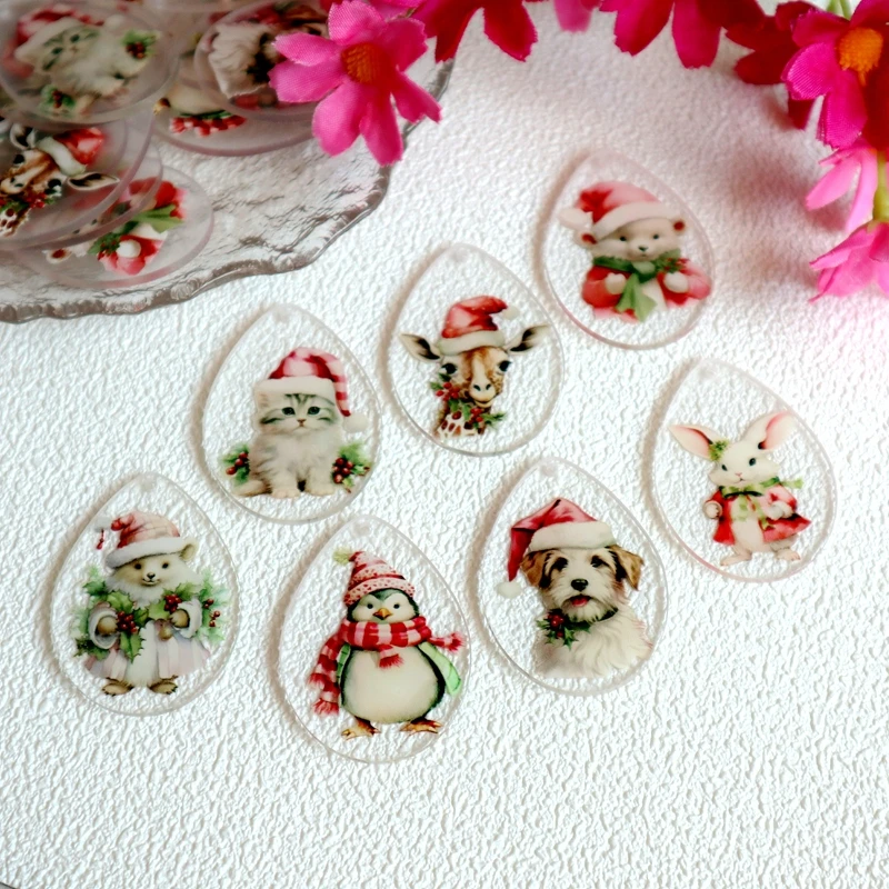 8pcs Bigger Christmas Transparent Acrylic Pendant Cute Animal Penguin Bear Deer Charms DIY Necklace Jewelry Keychain Accessory