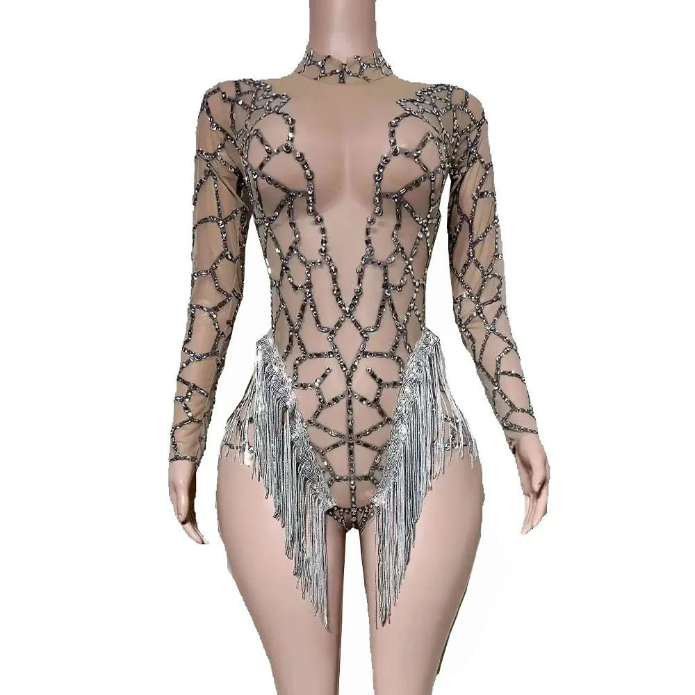 

Sexy Sparkly Rhinestones Fringes Bodysuit Women See Through Party Outfit Performance Dance Costume Show Photoshoot Stage Wear