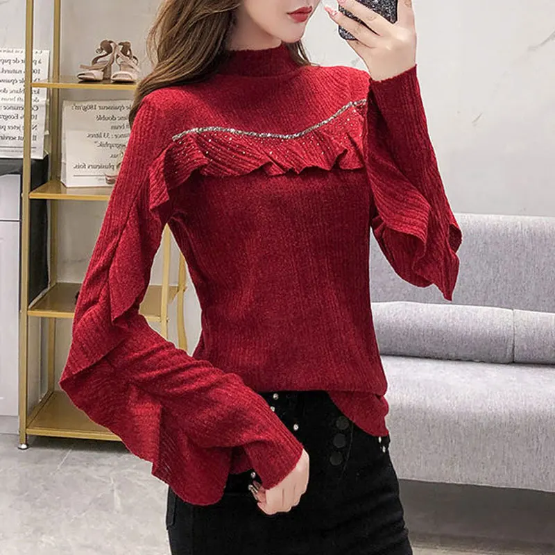 Stylish Solid Color Ruffles Spliced Shirt Spring Autumn Slim Basic Half High Collar Female Clothing Chic Diamonds Knitted Blouse