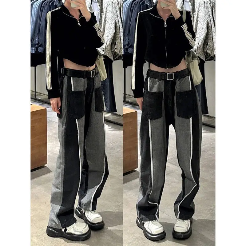Vintage Oversize Women Spliced Jeans Streetwear Spring Autumn High Waist Straight Pants Y2k Loose Wide Trousers