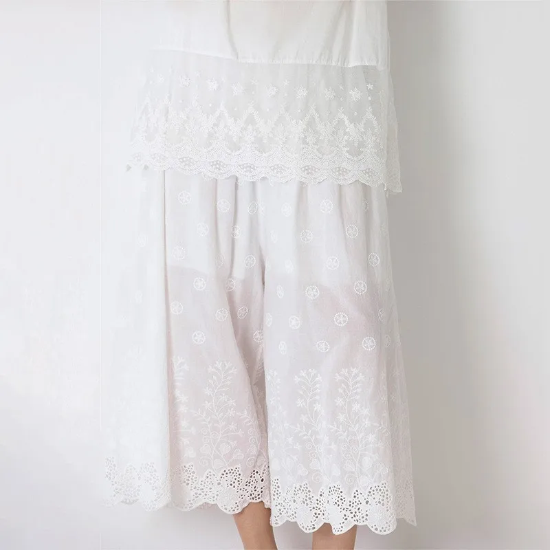 

Johnature Spring Summer New Sweet Mori Women Solid Color Embroidery Lace Casual Leggings Loose Versatile Lined Wide-leg Pants