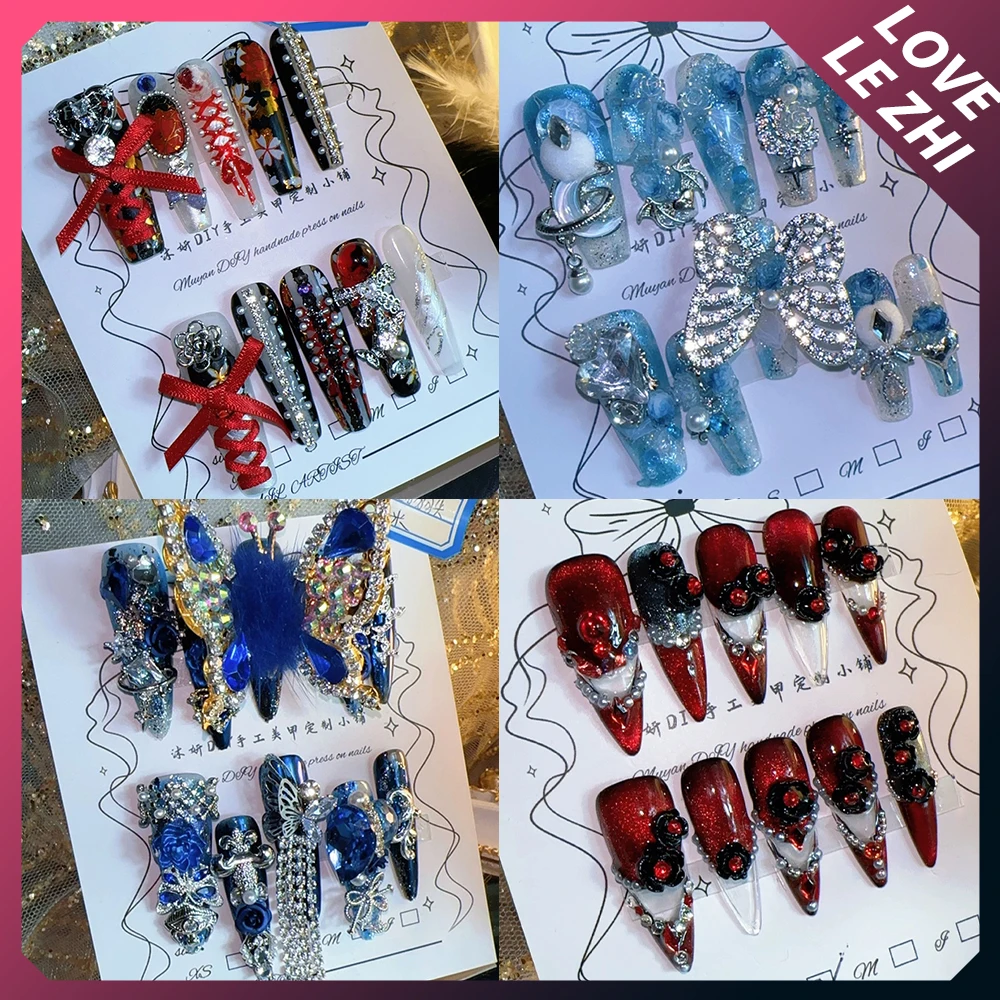 

Gothic Spice Girl Handmade Long Coffin Stiletto Wearable Press On Nail Spider Wing Colorful Diamond Pearl Flower Full Cover Nail