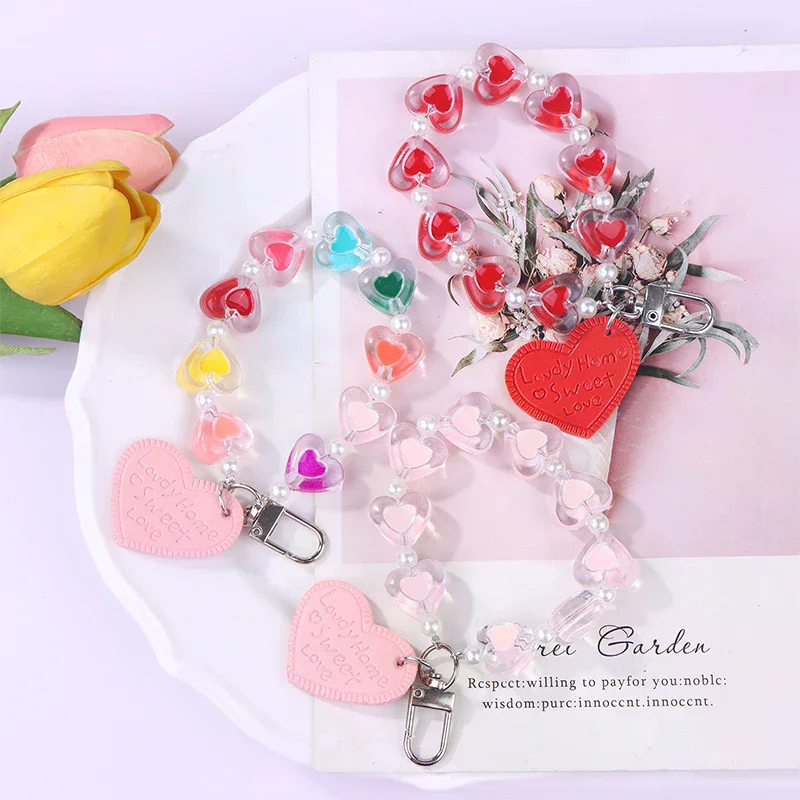 Crystal Love Heart Lanyard For Phone Anti-Lost Bracelet For Mobile Phone Case Wrist Strap Car Keychain Cute Phone Charm