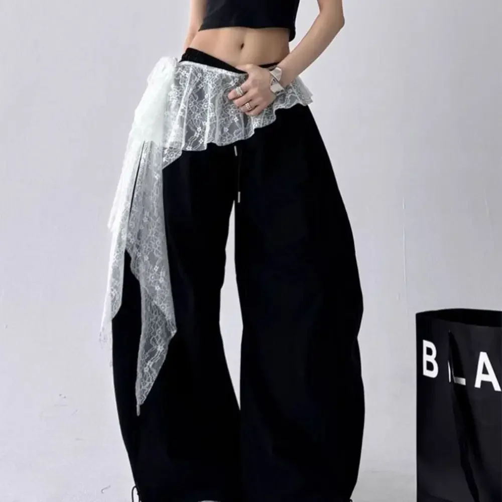 Embroidered Flower Lace Mini Skirt Irregular Y2K Streetwear Ruched Skirts High Waist See Through Lace Up Ruffles Skirt