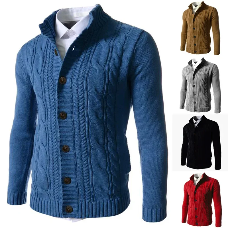 

Plus Size S-3XL Solid Color Cardigan Sweater Men Autumn Winter Knitted Jackets Coat Fashion Stand Collar Warm Thick Pull Homme