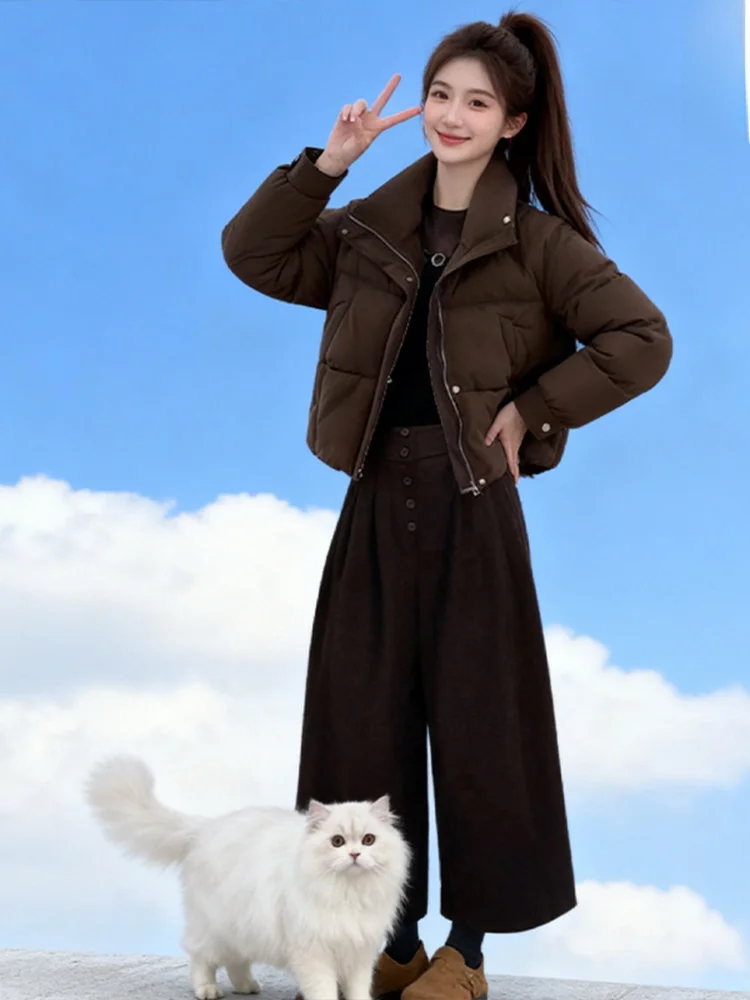

Fashionable Short Cotton Jacket Set Women's High Waist Wide Leg Pants Stand Collar Decorative Button Autumn Winter Casual Ele...
