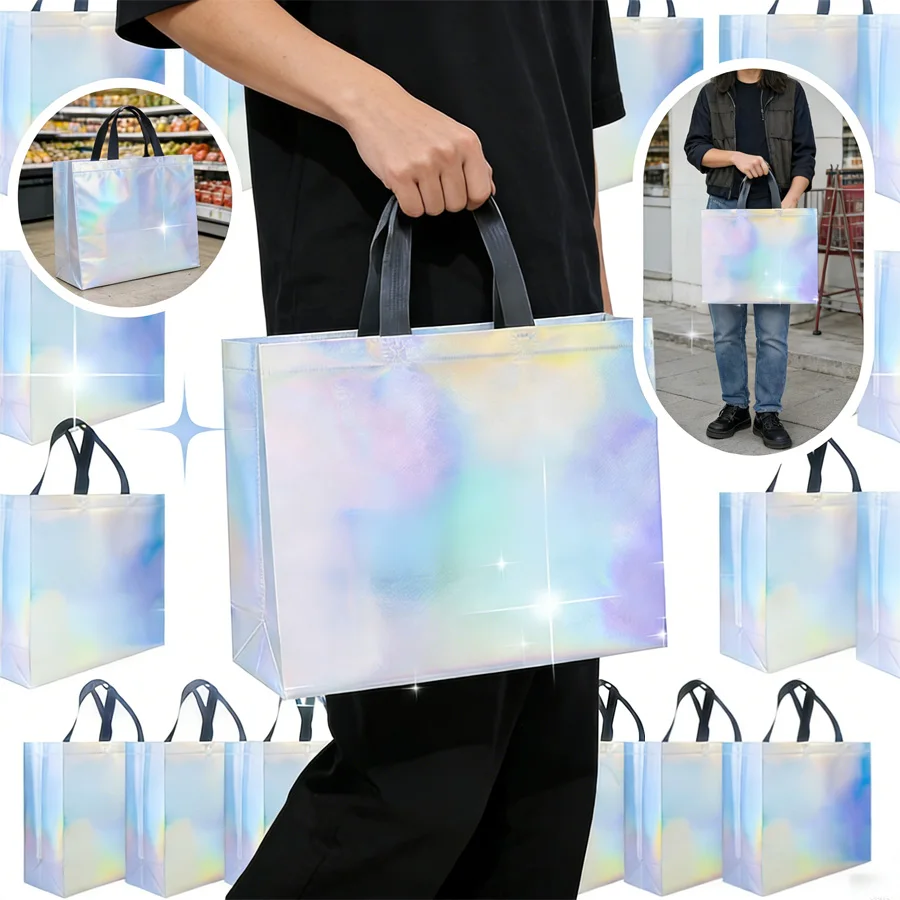 Glänzende Regenbogen-Geschenktüte, 6/12 Stück, 12,6 x 4 x 10,6 Zoll, wiederverwendbar, mit Griffen und Sockel für Geburtstag, Hochzeit, Weihnachten, Party
