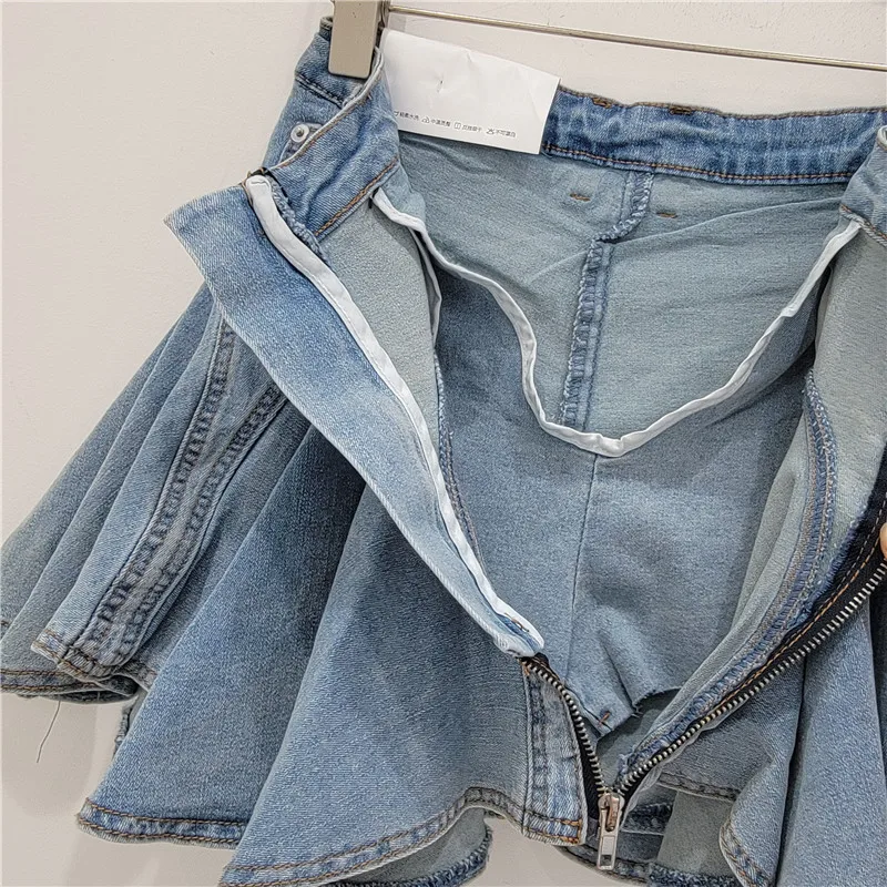 Three-dimensional Cut Deconstructed Lotus Leaf Edge Denim Half Body Skirt, Front Zipper Spliced Pleated Elastic Denim Mini Skirt view 6
