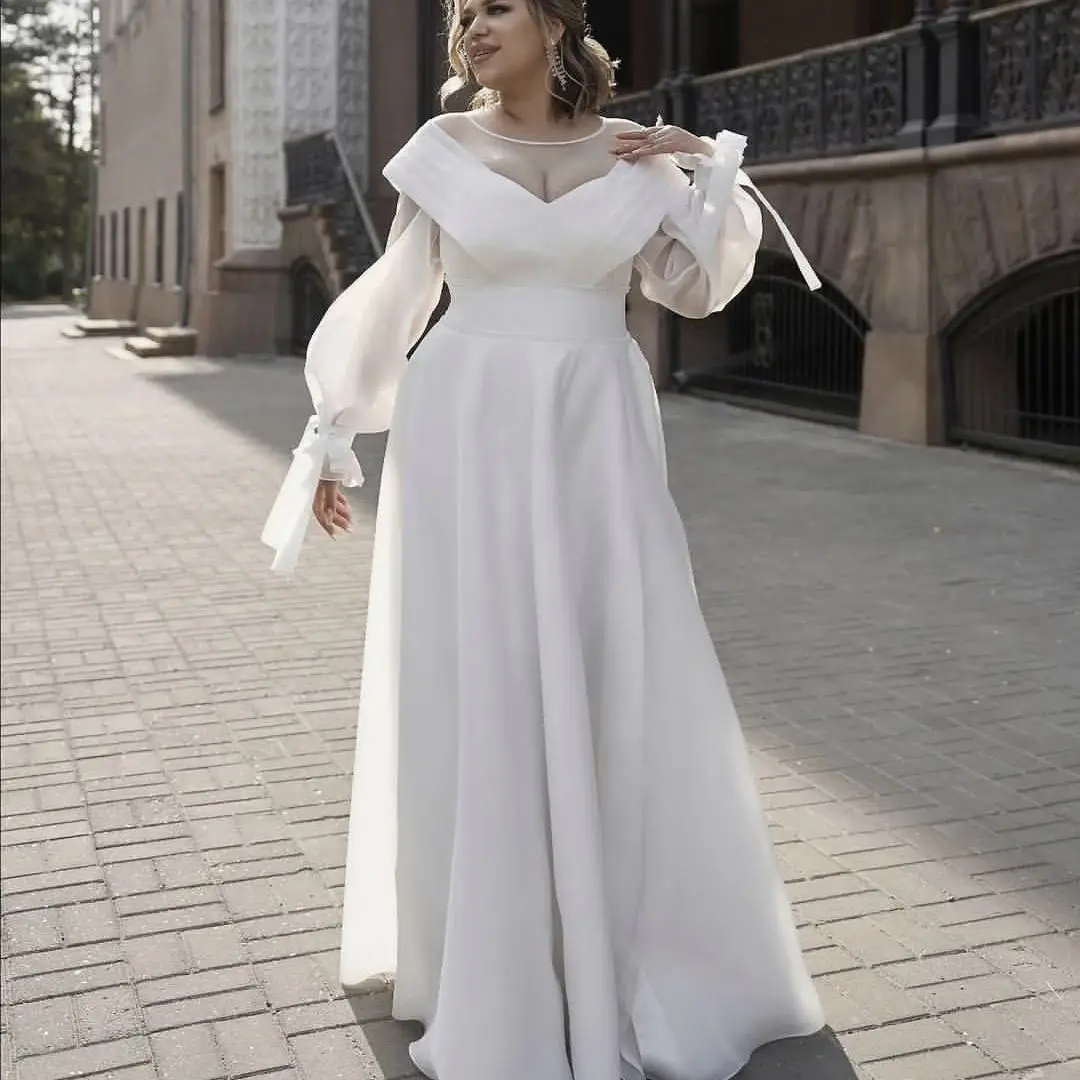 Plus Size suknia ślubna z długim rękawem o długości do podłogi dla kobiet suknie ślubne dostosowane do środków elegancka sukienka De Mariee