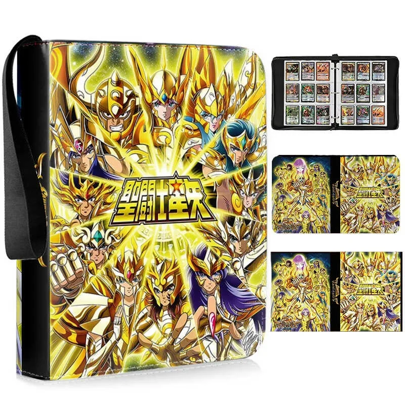 Álbum de tarjetas de PU Saint Seiya de gran tamaño, carpeta de anillas de cuero, carpeta de colección de tarjetas de hojas sueltas con cremallera para regalos de tarjetas de colección de juegos
