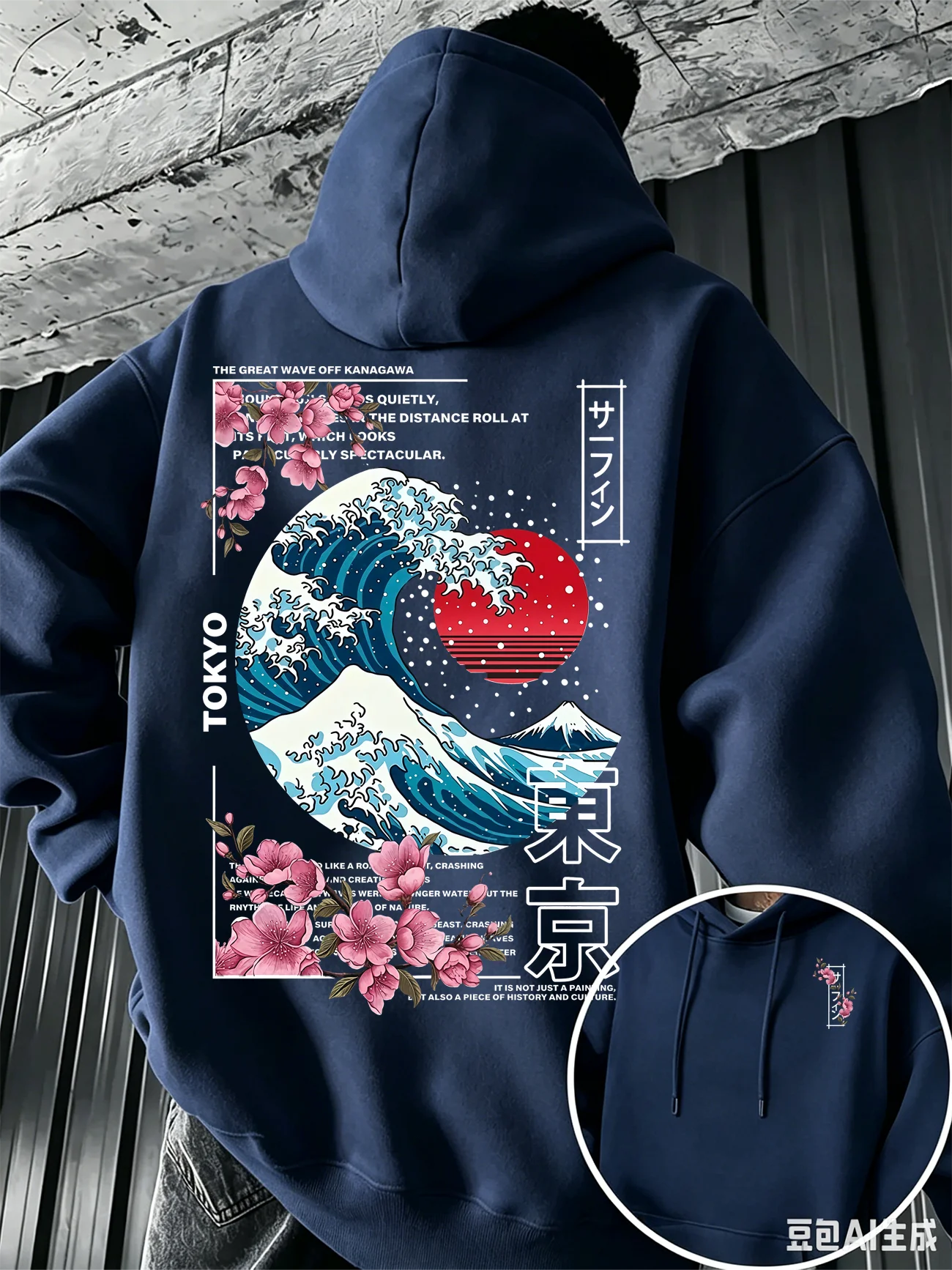 Retro Hip-Hop Style Men's Hooded Sweatshirt - Tokyo Japanese-style Cherry Blossom Print - Street Casual Hooded Sweatshirt