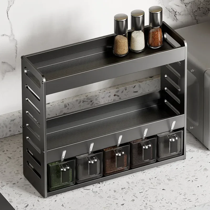 Gun ash kitchen shelves, non-perforated, multi-layer countertops, wall-mounted condiment bottles and jars, spice storage boxes,