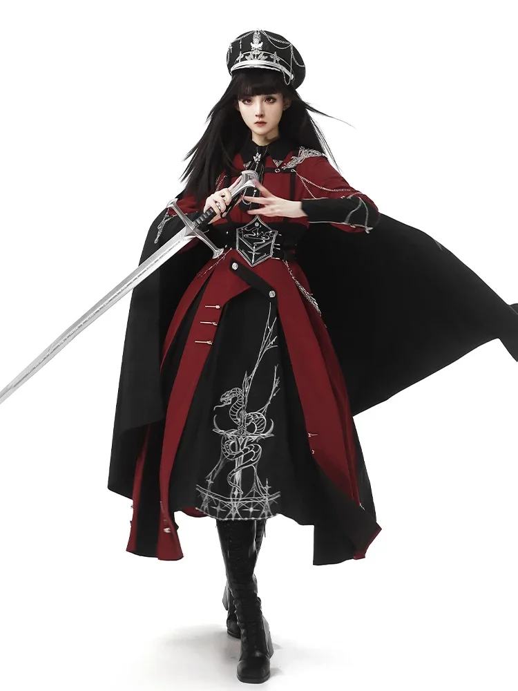 

Military style dark Gothic style black red shawl coat uniform super cool elegant temperament Lolita dress cosplay suit