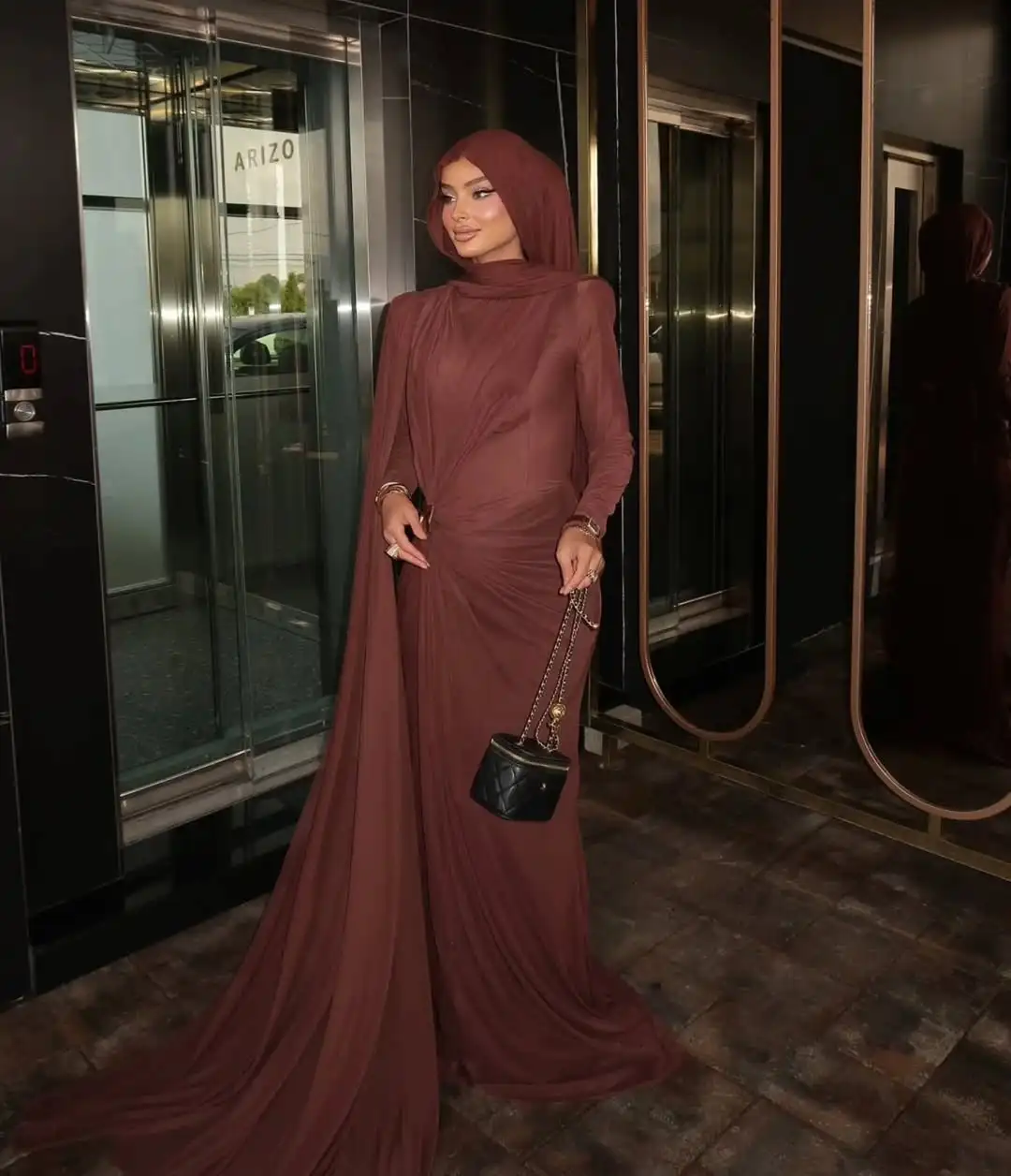 

Customized High Neck Brown Chiffon Evening Dress Elegant Long Sleeve Women Party Dress Saudi Arabia Wear Headscarf Formal Gowns