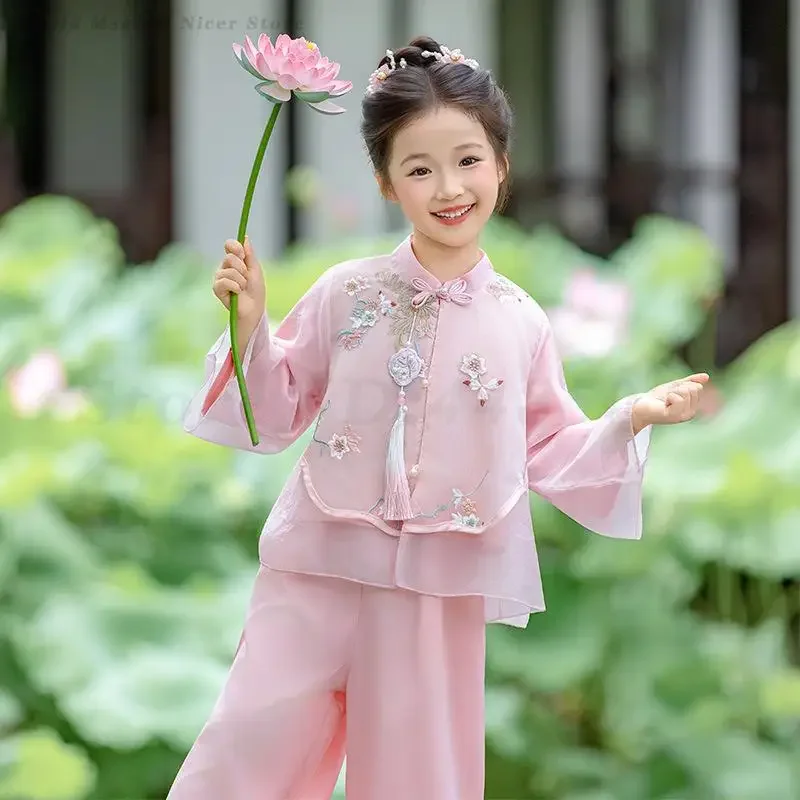 

Children's Hanfu Set Pink Girls Tang Suit Sweet Long Sleeved Top&Pants Outfit New Chinese Style Traditional Oriental Clothing