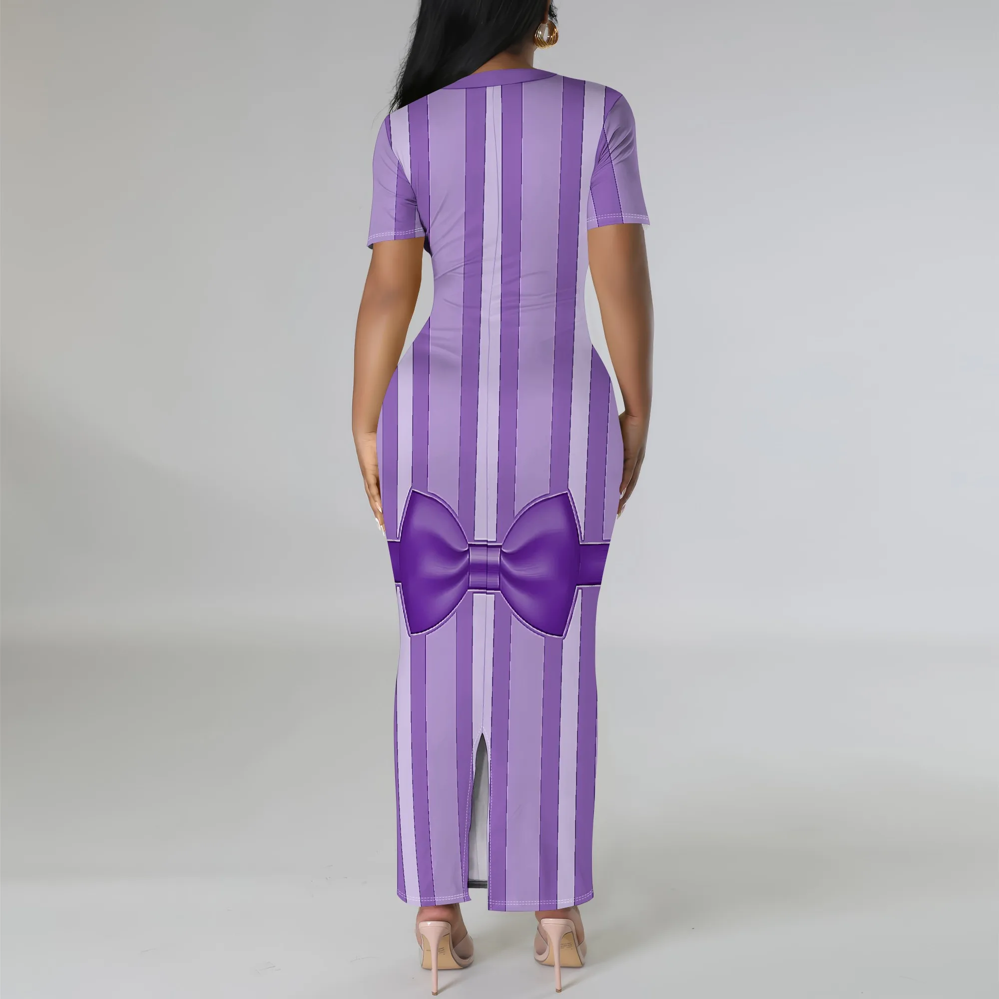 Nupusa paarse streep grote strik print jurk voor dames normale maat casual bodycon maxi-jurk met ronde hals en korte mouwen