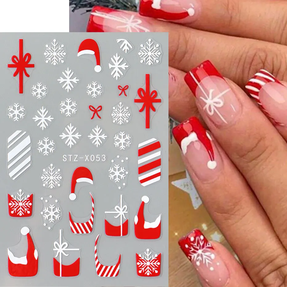 2/3pcs Kerst Rode Glitter Nail Charms Folies 3D Boog Franse Letters Nail Stickers Cartoon Elanden Kerstman Sneeuwvlok ster Decals Decor