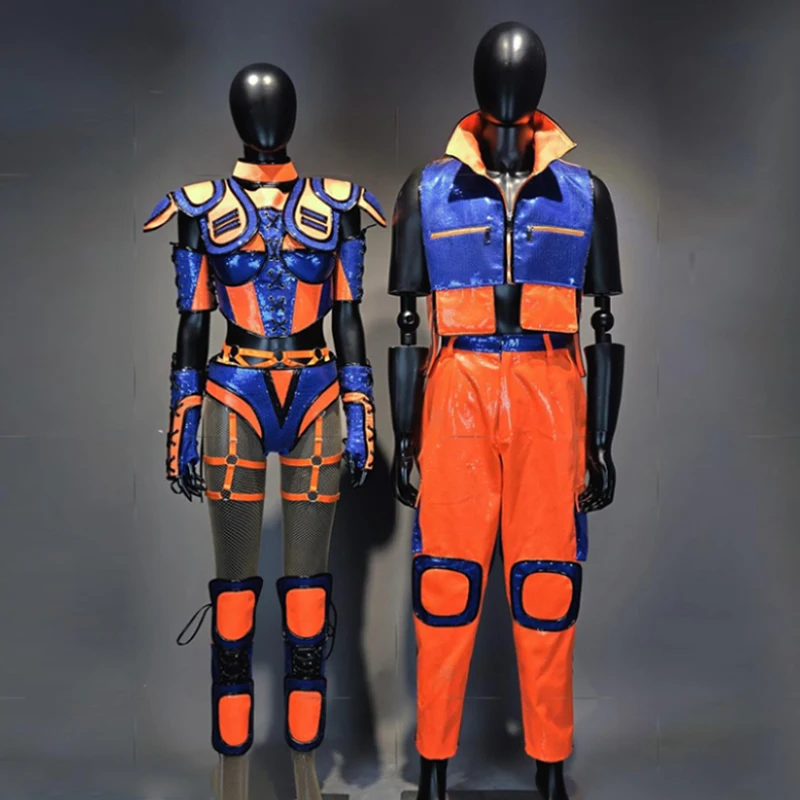 

Gogo Show Stage Costume Orange Blue Futuristic Armour Performance Suit Jazz Pants Drag Queen Outfit Festival Rave Clothing 3748