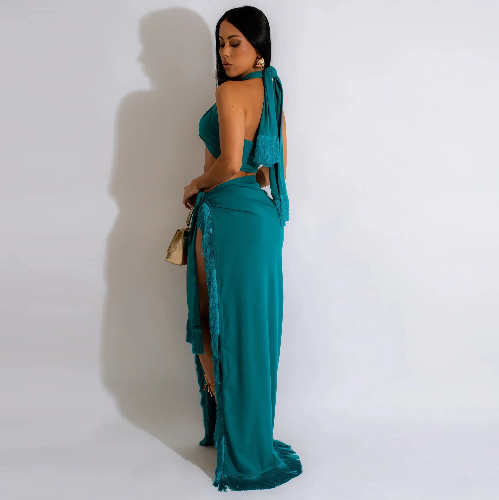 ثلاثة الأخوات 2025 الصيف المرأة مثير التوابل الفتيات النادي الليلي أكمام التفاف شريط للصدر شرابة سبليت قطعتين فستان مجموعة