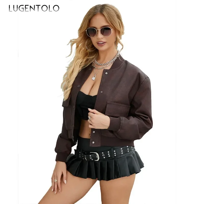 Women PU Coat Fall 2024 Soft Faux Leather Baseball Bomber Jacket Fashion Single Breasted Double Pocket Cropped Cardigan Tops