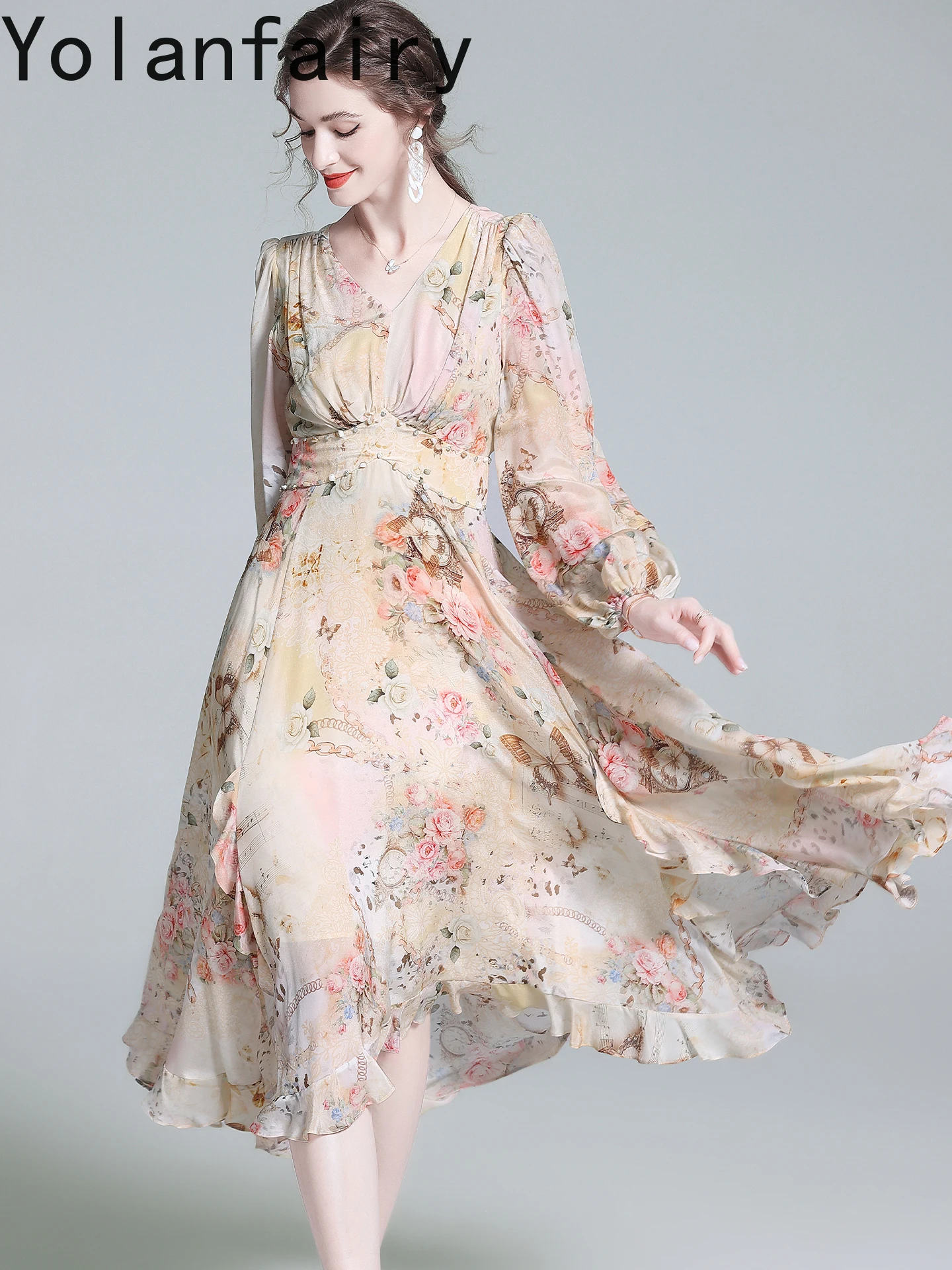 YOLANFAIRY 100% فستان حريري التوت الحقيقي امرأة الخريف جودة عالية فستان زهري أنيق سوبر الجنية كم طويل فساتين حريمي