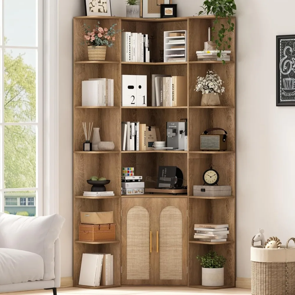 

74 Tall Corner Bookshelf with 2 Arched Rattan Doors, 6-Tire L Shaped Bookcase with 16 Open Storage Shelves
