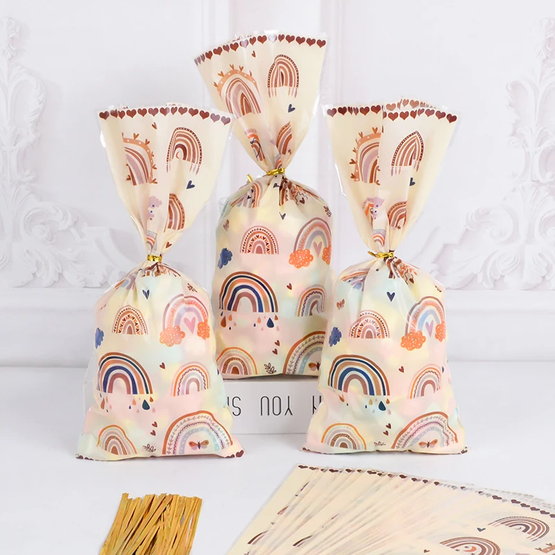 20/50 Stück böhmische Zellophanbeutel Boho Regenbogen Kunststoff Geschenktüten mit Krawatten Candy Cookie Verpackungsbeutel Happy Bohemian Party Decor