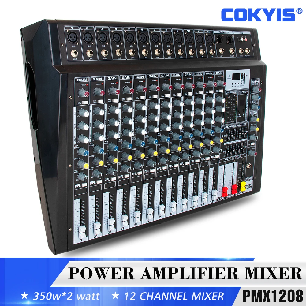 Amplifier Mixer 12 channel Sound amplifier 350w*2 16DSP Effect Bluetooth USB Home 48V Digital mixer DJ PMX1208 Power Mixer