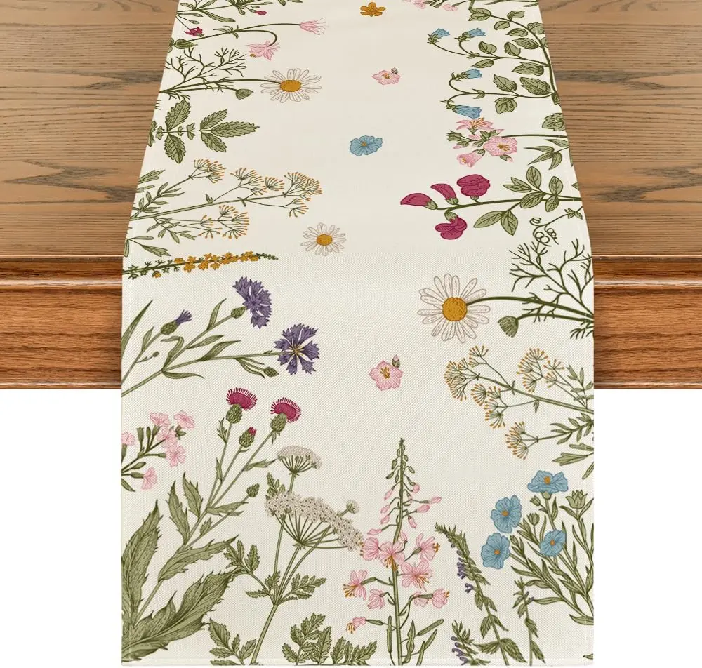 

Spring Flowers Linen Table Runners Summer Seasonal Dresser Scarf Table Decor Farmhouse Holiday Wedding Party Dining Table Decor