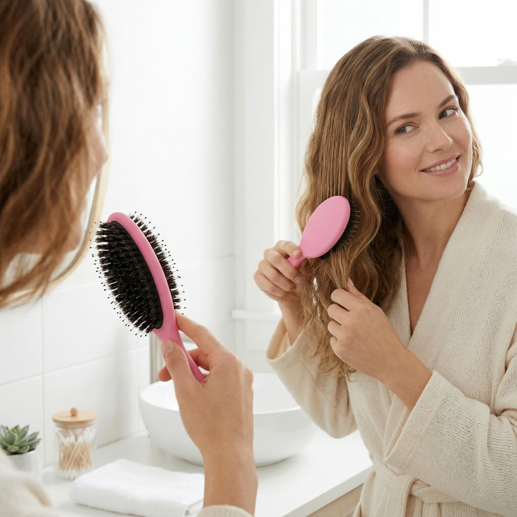 

Массажная щетка для кожи головы 22 см, розовая, с щетиной кабана и нейлоновой подушечкой, улучшает кровообращение и придает блеск, ширина 7 см, ручка из АБС-пластика