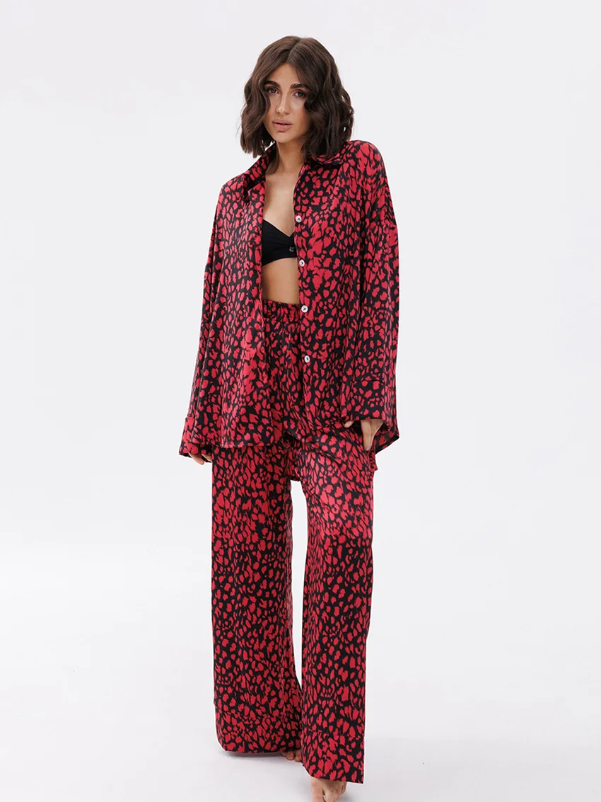 

Marthaqiqi Home Clothes Ladies Long Sleeve Nightgowns Sexy Turn-Down Collar Nightwear Pants Winter Female Sleepwear 2 Piece Suit