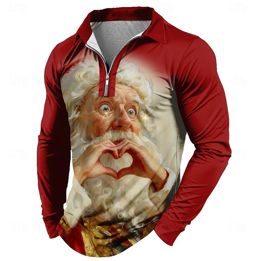 

Man Long Sleeve Polo Shirts Christmas Men's Santa Claus 3d Zipper Polo Golf Santa Claus Casual Zipper Print Clothing Apparel
