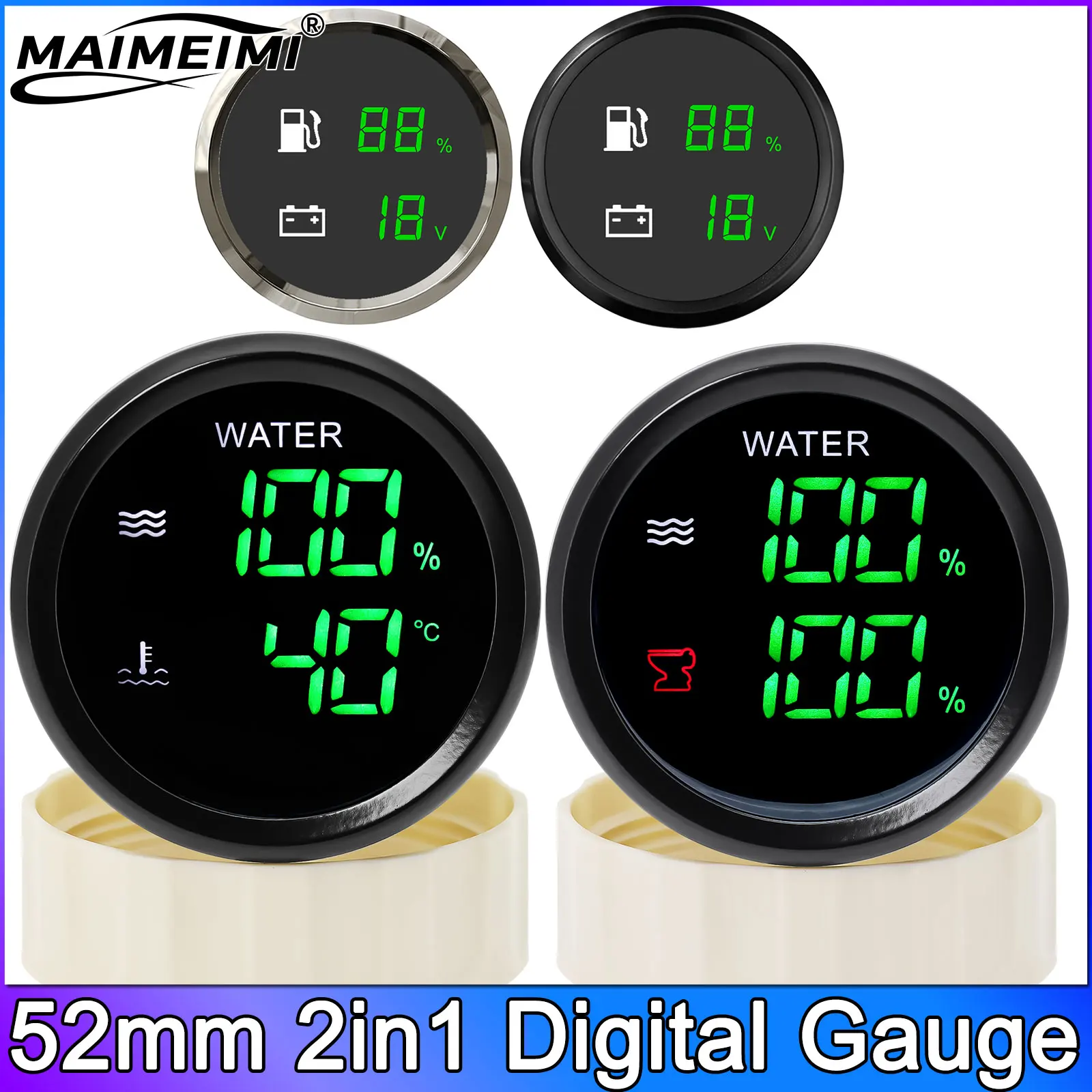 

52mm Gauge 2in1 Multifunctional Fuel Level Sewage Level Meter Water Temperature Voltage Water Level 9-32V for Truck RV Yacht
