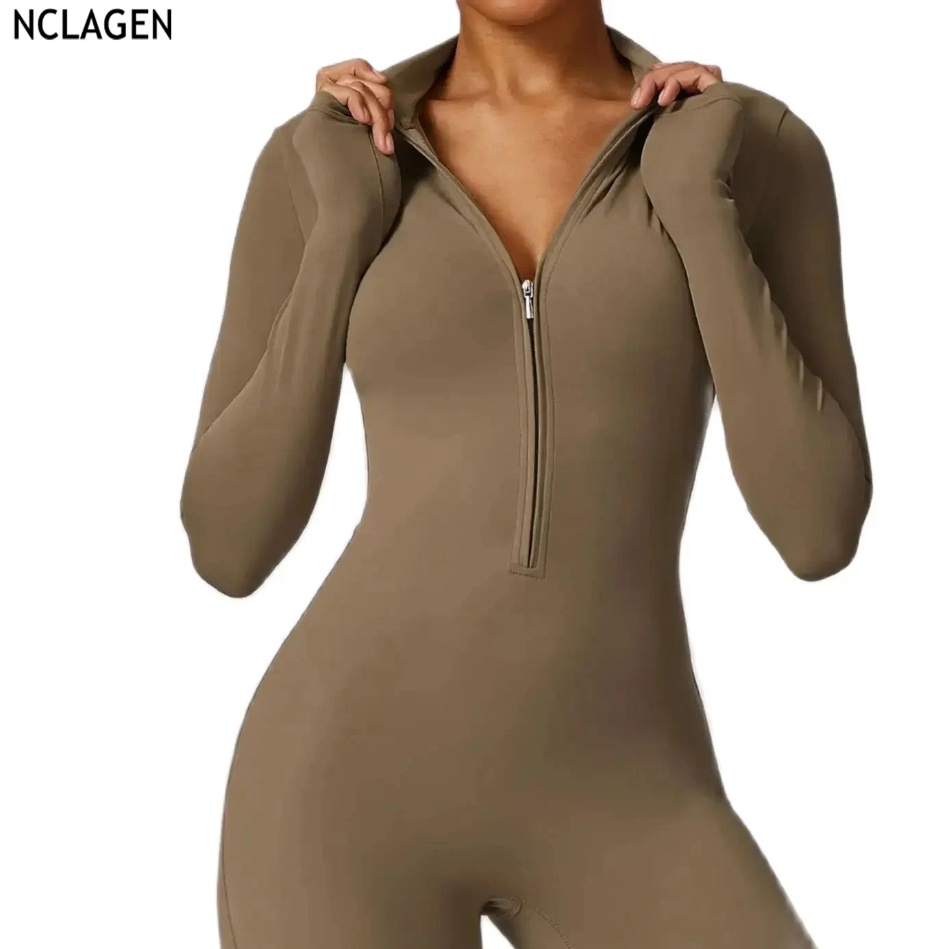 NCLAGEN Women Yoga Jumpsuit Workout Zip Long Sleeve Workout Suit Set Fitness Romper One-piece Gym Sports Activewear Bodysuit