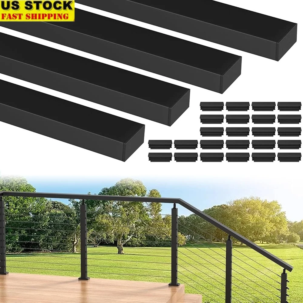 

4Pack Stainless Steel Cable Railing Handrails Cuttable Rectangular Handrail Flat Top Rail with Nylon End Caps Durable Support